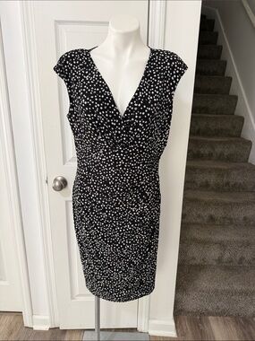 Lauren Ralph Lauren Black and White Polka Dot V-Neck Midi Dress Size 14